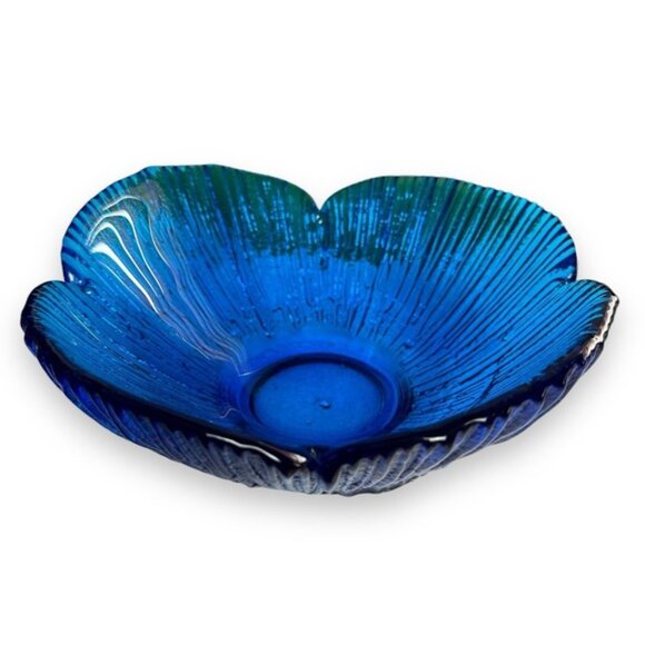 Vintage Glass Bowl Blue Flower Petal Dish MCM Textured 9" RARE - Picture 3 of 11